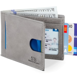 Carteras de bolsillo frontal minimalistas delgadas de cuero genuino plegables con bloqueo RFID para hombres hechas de cuero de plena flor gris pizarra 2.0