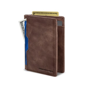 Cartera de viaje con bloqueo RFID, plegable, delgada, de cuero genuino, delgada, minimalista, con bolsillo frontal para hombres, billetera - Morning Roast 5.S