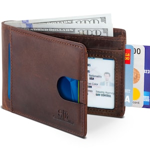 Billeteras minimalistas delgadas de cuero genuino con bloqueo RFID y dos pliegues para hombre, hechas de cuero de grano completo, color marrón Texas 2.0