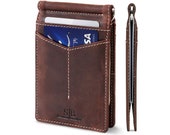 SERMAN BRANDS RFID Blocking Slim Bifold Genuine Leather Minimalist Front Pocket Wallets for Men with Money Clip - Texas Brown Rogue