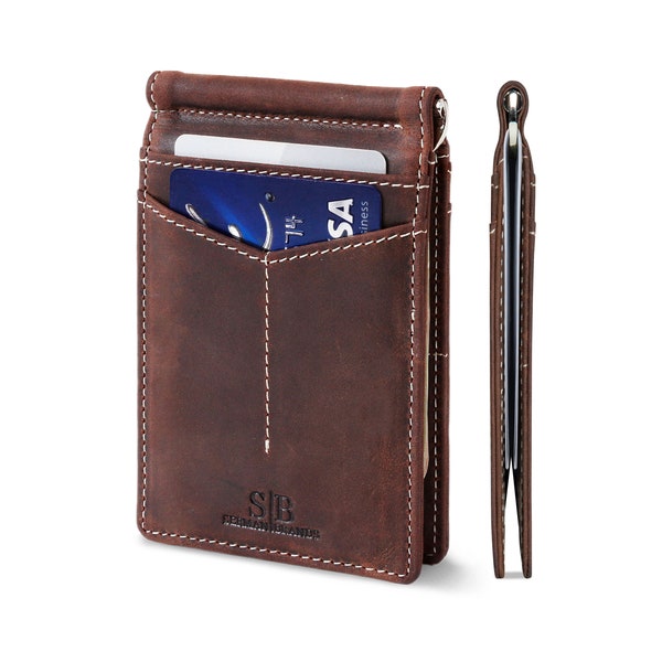 SERMAN BRANDS RFID Blocking Slim Bifold Genuine Leather Minimalist Front Pocket Wallets for Men with Money Clip - Texas Brown Rogue
