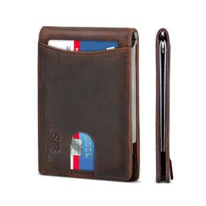 Billetera minimalista delgada de cuero genuino con bloqueo RFID para hombre, billetera con clip para dinero, de cuero de grano completo, de dos pliegues, color marrón Texas