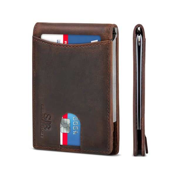 RFID Blocking Bifold Slim Genuine Leather Thin Minimalist Front Pocket Wallets for Men Money Clip Made From Full Grain Leather - Texas Brown