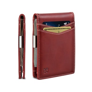 Billetera con clip para billetes: billeteras para hombre, billetera delgada con bolsillo frontal, tarjetero con bloqueo RFID, billetera minimalista pequeña plegable de grano completo, color rojo rubí