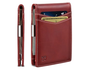 SERMAN BRANDS Money Clip Wallet - Mens Wallets slim Front Pocket RFID Blocking Card Holder Minimalist Mini Bifold Full Grain - Ruby Red