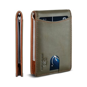 Billetera minimalista delgada de cuero genuino con bloqueo RFID, de dos pliegues, con bolsillo frontal y clip para dinero para hombres (verde salado 1.S)