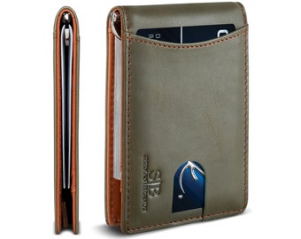 SERMAN BRANDS- RFID Blocking Bifold Slim Genuine Leather Thin Minimalist Front Pocket Wallets for Men Money Clip (Salted Green 1.S)