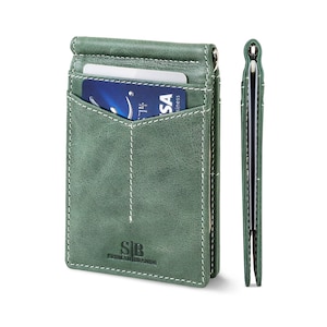 Billeteras minimalistas de cuero genuino con bloqueo RFID, delgadas, plegables y con bolsillo frontal para hombres con clip para dinero - Alpine Green Rogue
