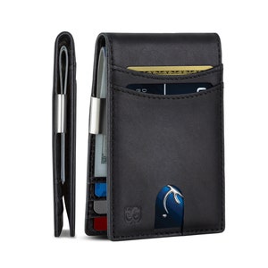 Billetera con clip para billetes para hombre, billetera delgada con bloqueo RFID y bolsillo frontal para hombre, tarjetero minimalista RFID de cuero de grano completo, color negro