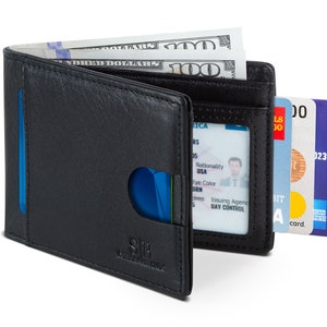 Billeteras minimalistas delgadas de cuero genuino con bloqueo RFID y dos pliegues para hombre, con bolsillo frontal, hechas de cuero de grano completo, color negro azabache 2.0