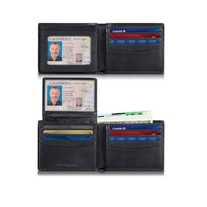Billetera RFID con 2 ventanas de identificación para hombre, billetera plegable con tapa superior, capacidad adicional para viajes (cartera ejecutiva de color negro carbón)