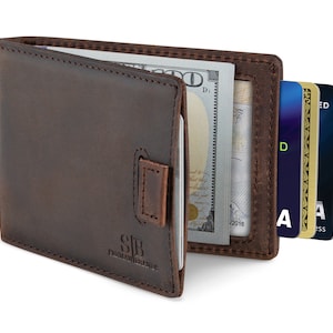 Billetera plegable con bloqueo RFID para hombre, billetera minimalista delgada con bolsillo frontal de cuero de grano completo y clip para dinero, marrón Texas 3.0