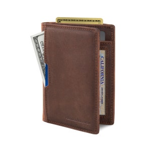 Cartera de Viaje con Bloqueo RFID, Billetera Plegable de Cuero Genuino Delgada y Minimalista con Bolsillo Frontal para Hombres, Billetera - Texas Brown 5.0