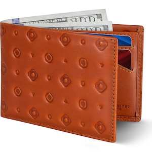 Billetera delgada plegable para hombre con bloqueo RFID, billetera minimalista de cuero de grano completo con bolsillo frontal, delgada y elegante, color caramelo oscuro