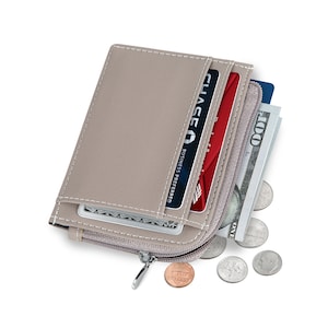 Carteras pequeñas para mujer. Cartera delgada para mujer con monedero y tarjetero. Cartera RFID de piel vegana para mujer (Taupe Mini)