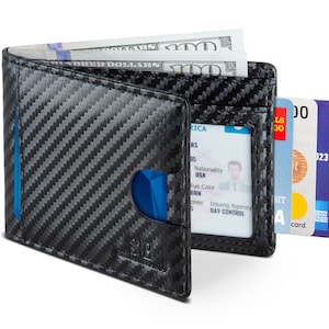 Carteras de bolsillo frontal minimalistas delgadas de cuero genuino plegables con bloqueo RFID para hombres hechas de cuero de plena flor Fibra de carbono 2.0
