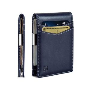Billetera con clip para billetes - Billeteras para hombre, bolsillo frontal delgado, tarjetero con bloqueo RFID, minimalista, minibilletera plegable de grano completo - Azul Atlántico