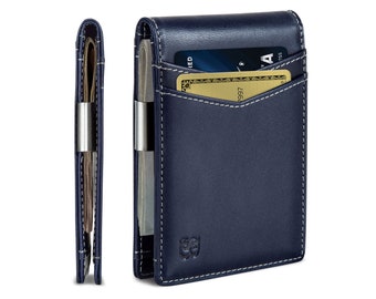 Money Clip Wallet - Mens Wallets slim Front Pocket RFID Blocking Card Holder Minimalist Mini Bifold Full Grain - Atlantic Blue