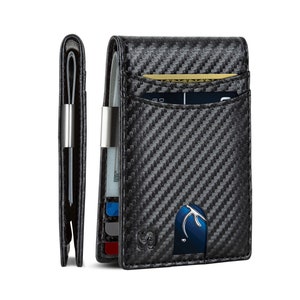Billetera con clip para billetes para hombre, billetera delgada con bloqueo RFID y bolsillo frontal para hombre, tarjetero minimalista RFID de cuero de grano completo - Carbono