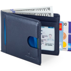 Carteras de bolsillo frontal minimalistas delgadas de cuero genuino plegables con bloqueo RFID para hombres hechas de cuero de plena flor - Luxe Blue 2.0