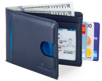 RFID Blocking Bifold Slim Genuine Leather Thin Minimalist Front Pocket Wallets for Men Made From Full Grain Leather - Luxe Blue 2.0