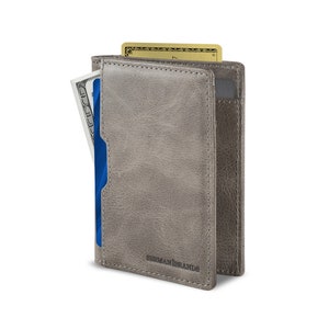 Cartera de Viaje con Bloqueo RFID, Carteras Plegables Delgadas de Cuero Genuino con Bolsillo Frontal Minimalista y Delgada para Hombres, Billetera - Gris Pizarra 5.S