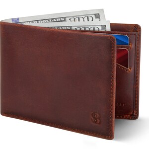 Billetera delgada plegable para hombre, billetera minimalista de cuero de grano completo con bolsillo frontal y bloqueo RFID, delgada y elegante, color rojo cañón