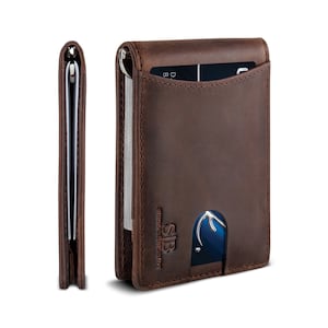 Billetera minimalista delgada de cuero genuino con bloqueo RFID y dos pliegues para hombre, con bolsillo frontal y clip para dinero (marrón Texas 1.S)