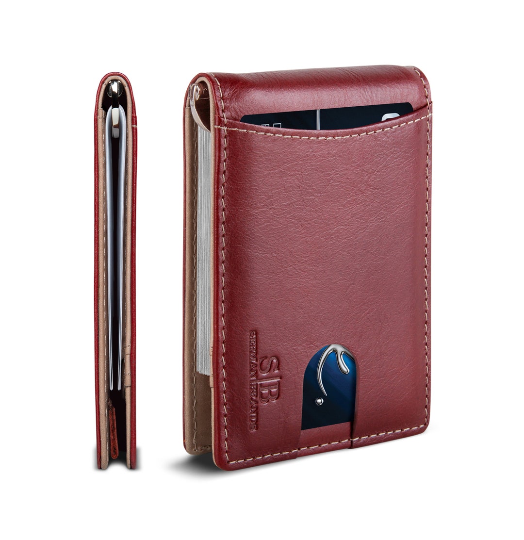 Billetera minimalista delgada de cuero genuino con bloqueo RFID, de dos  pliegues, con bolsillo frontal y clip para dinero para hombres (rojo rubí 