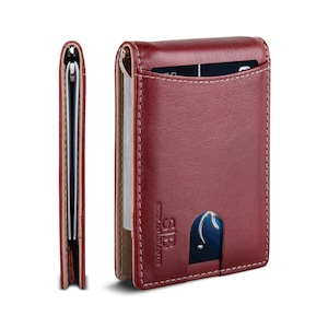 Billetera minimalista delgada de cuero genuino con bloqueo RFID, de dos pliegues, con bolsillo frontal y clip para dinero para hombres (rojo rubí 1.S)