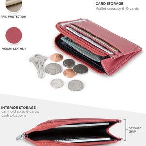 May include: A red vegan leather wallet with a zipper, holding cards and coins. The wallet has a capacity for 6-10 cards and features RFID protection. The image also shows a key and various coins.