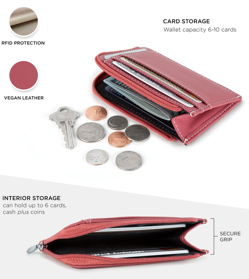 May include: A red vegan leather wallet with a zipper, holding cards and coins. The wallet has a capacity for 6-10 cards and features RFID protection. The image also shows a key and various coins.