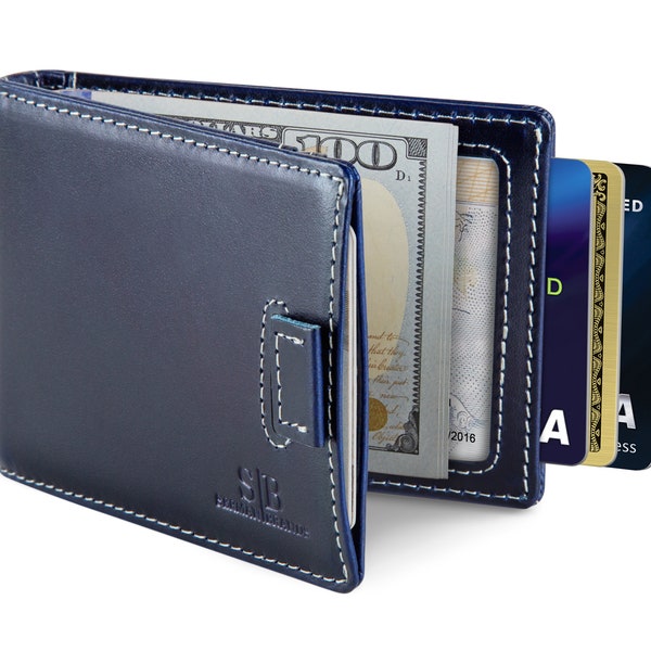 Men's Bi-Fold RFID Blocking Wallet for Men Full Grain Leather Front Pocket Slim Minimalist Wallet with Money Clip - Atlantic Blue 3.0