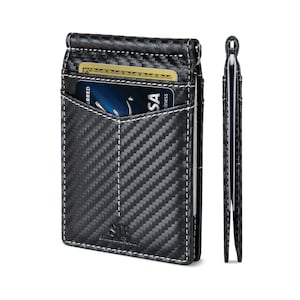 Billeteras minimalistas de cuero genuino con bloqueo RFID, delgadas, plegables y con bolsillo frontal para hombres con clip para dinero - Modern Black Rogue