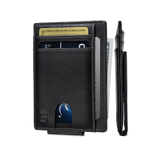 Billetera de bolsillo frontal con clip para dinero, billetera magnética plegable minimalista de cuero RFID para hombres, billetera delgada para tarjetas de crédito, color negro sombra