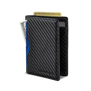 Cartera de Viaje con Bloqueo RFID, Carteras Plegables Delgadas de Cuero Genuino con Bolsillo Frontal Minimalista y Delgado para Hombres, Billetera - Negro Moderno 5.S
