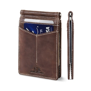 Cartera minimalista de cuero genuino con bloqueo RFID, delgada, plegable y con bolsillo frontal para hombre con clip para billetes - Morning Roast Rogue