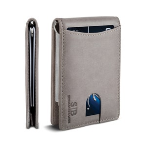 Billetera minimalista delgada de cuero genuino con bloqueo RFID, de dos pliegues, con bolsillo frontal y clip para dinero para hombres (gris pizarra 1.S)