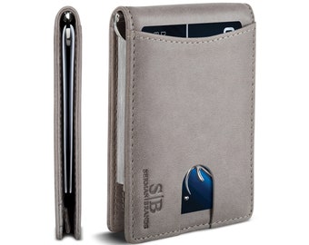 RFID Blocking Bifold Slim Genuine Leather Thin Minimalist Front Pocket Wallets for Men Money Clip (Slate Gray 1.S)