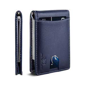 Billetera minimalista delgada de cuero genuino con bloqueo RFID, de dos pliegues, con bolsillo frontal y clip para dinero para hombres (azul atlántico 1.S)