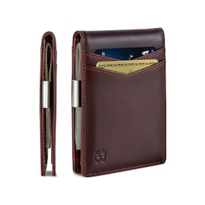 Billetera con clip para billetes - Billeteras para hombre, bolsillo frontal delgado, tarjetero con bloqueo RFID, minimalista, minibilletera plegable de grano completo - Chocolate