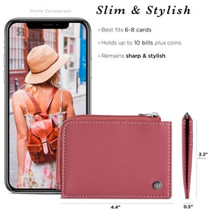 May include: A dusty rose-colored wallet with a zipper closure, white stitching, and a silver-tone metal accent. The wallet is 4.4 inches long, 3.2 inches high, and 0.5 inches thick. The text "Slim & Stylish" is displayed above the wallet.