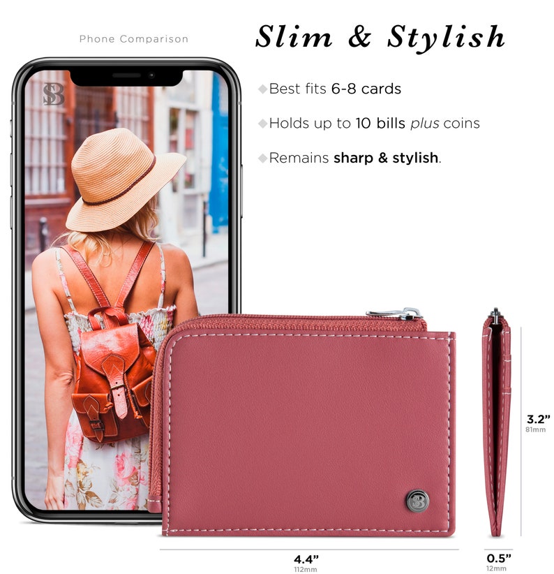 May include: A dusty rose-colored wallet with a zipper closure, white stitching, and a silver-tone metal accent. The wallet is 4.4 inches long, 3.2 inches high, and 0.5 inches thick. The text "Slim & Stylish" is displayed above the wallet.