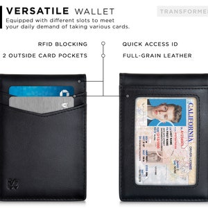 May include: Black leather wallet with RFID blocking, two outside card pockets, a quick access ID window, and the text "TRANSFORMER" and "FULL-GRAIN LEATHER".