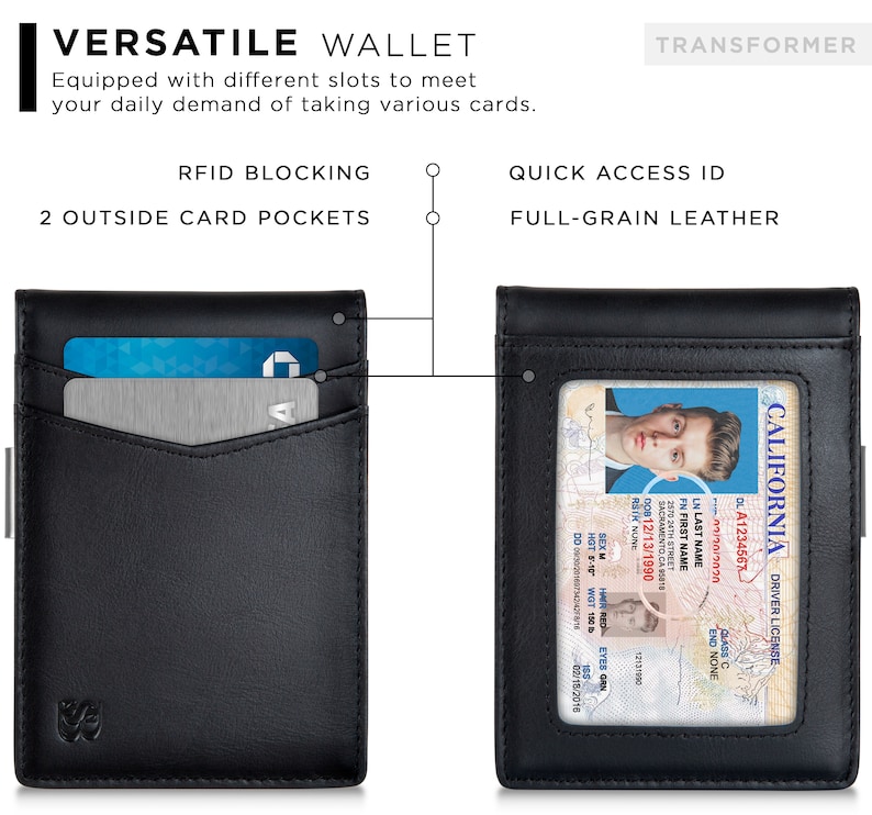May include: Black leather wallet with RFID blocking, two outside card pockets, a quick access ID window, and the text "TRANSFORMER" and "FULL-GRAIN LEATHER".