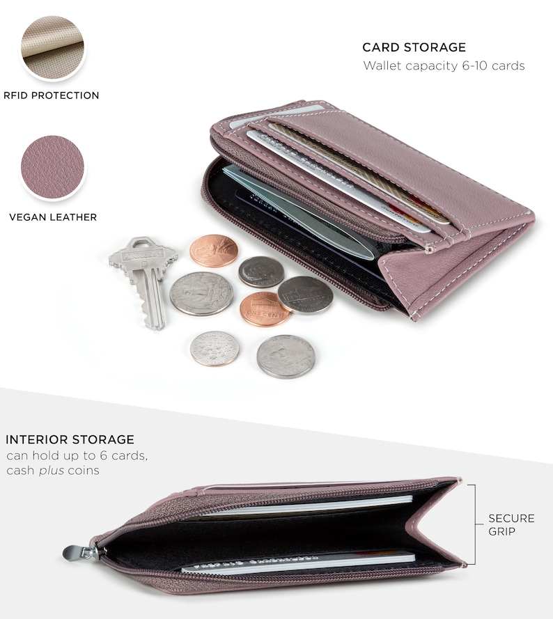 May include: A mauve vegan leather wallet with a zippered compartment and RFID protection. The wallet is open to show the interior, which has slots for cards and a zippered pocket for cash and coins. The text "CARD STORAGE Wallet capacity 6-10 cards" is visible above the wallet. The text "INTERIOR STORAGE can hold up to 6 cards, cash plus coins" is visible below the wallet. The text "SECURE GRIP" is visible on the right side of the wallet.