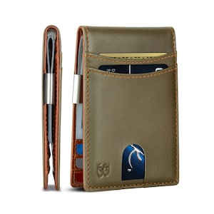 Billetera con clip para billetes para hombre, billetera delgada con bolsillo frontal y bloqueo RFID, tarjetero minimalista de cuero de grano completo para hombre, color verde