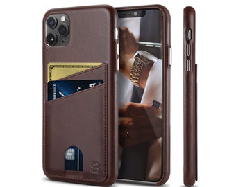 SERMAN BRANDS Phone Wallet iPhone 11 Pro Max Case with Card Holder. Handmade Phone Case Full Grain Leather Wireless Charging - Chocolate