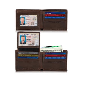 Billetera RFID con dos ventanas de identificación para hombre, parte superior plegable, billetera de viaje con capacidad adicional (Texas Brown Executive)