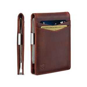 Billetera con clip para billetes - Billeteras para hombre, bolsillo frontal delgado, tarjetero con bloqueo RFID, minimalista, minibilletera plegable de grano completo - Canyon Red